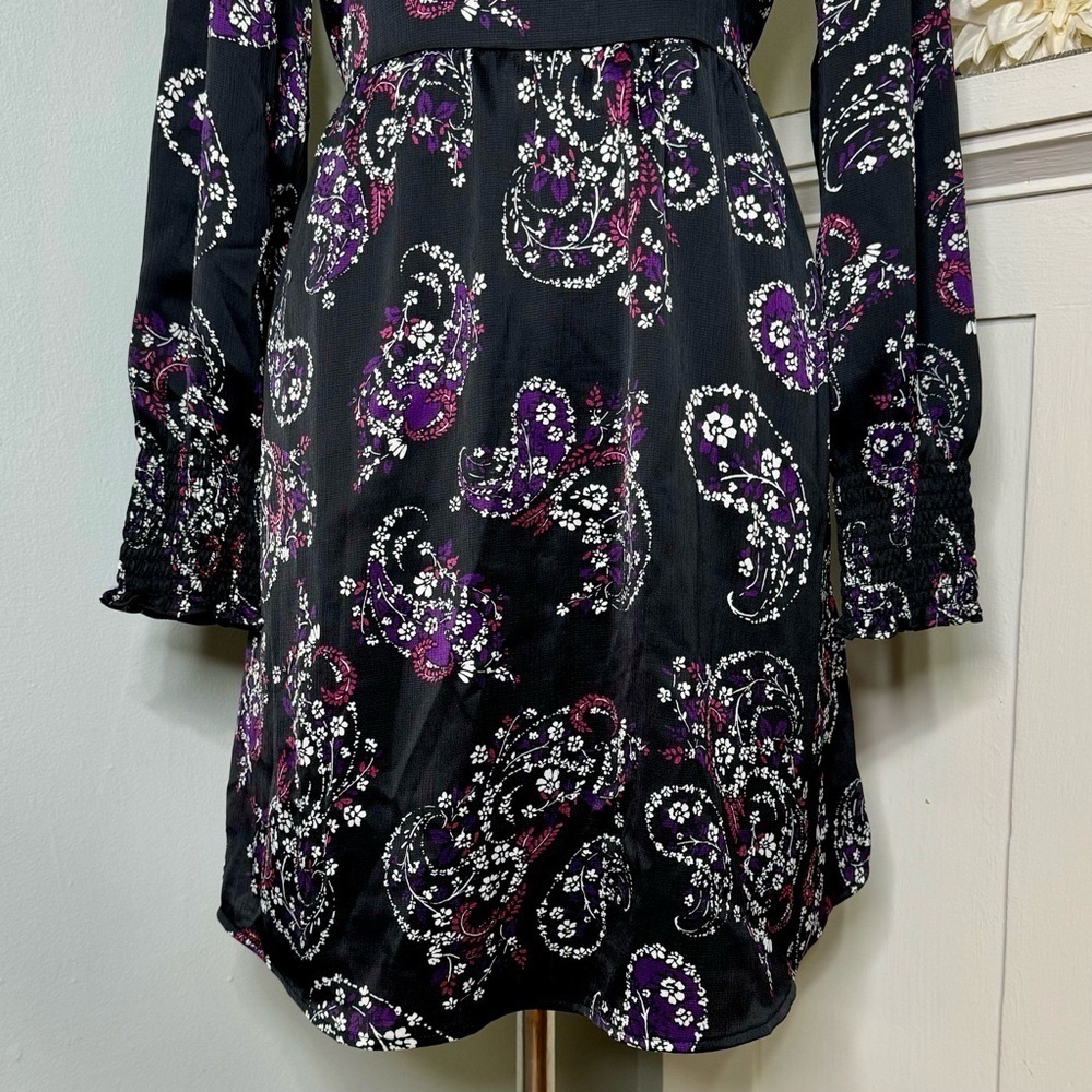 LOFT Paisley Smocked Flared Long Sleeve Floral Dress Black Purple White 8 - Picture 6 of 13